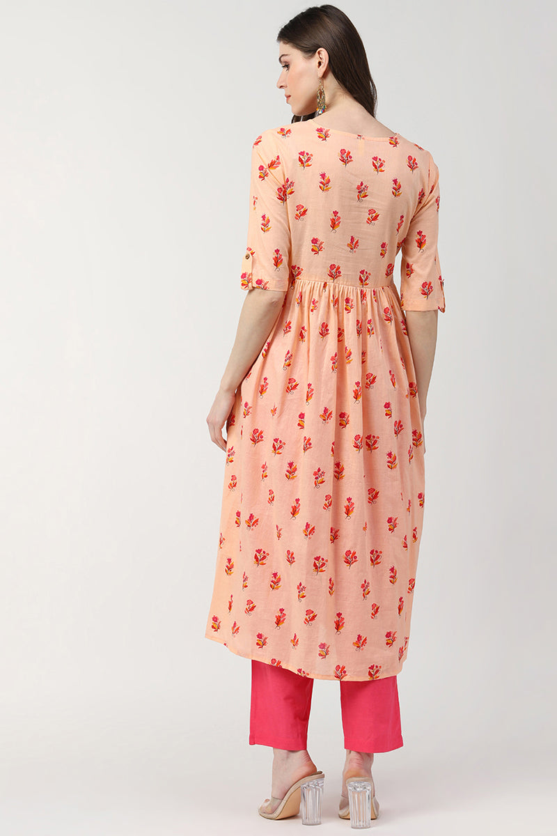 Cotton Peach Ethnic Motifs Printed A Line Kurti 