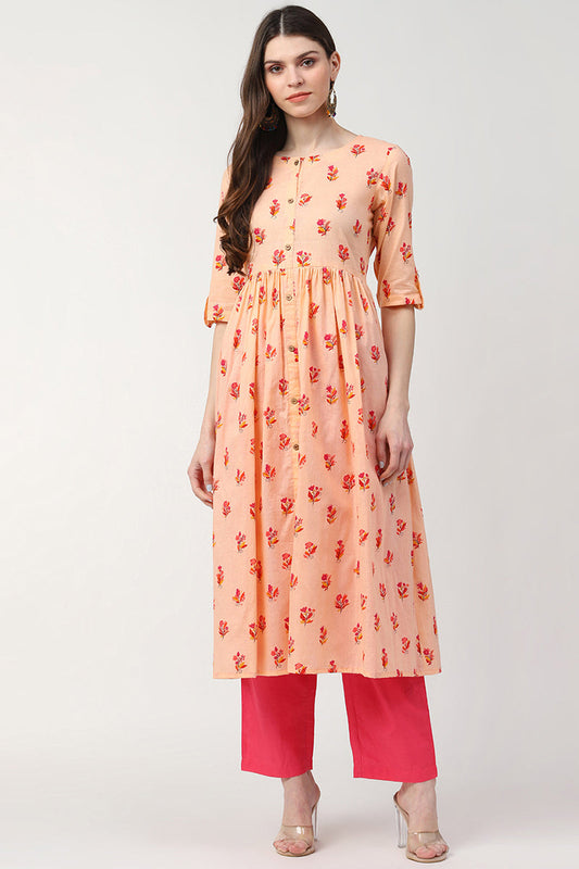 Cotton Peach Ethnic Motifs Printed A Line Kurti 