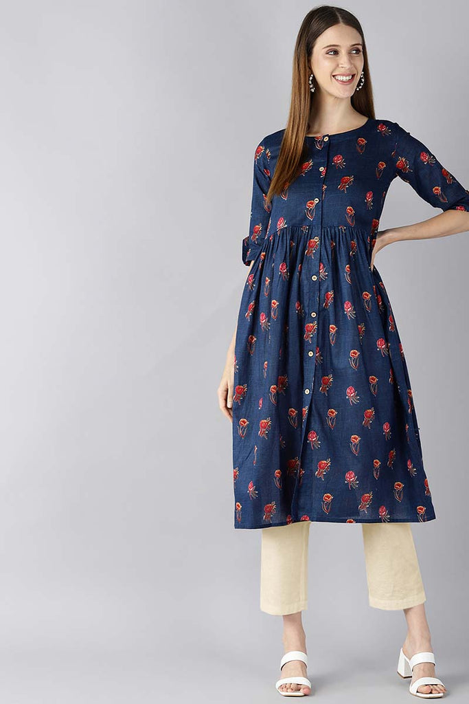   Cotton Blue Floral Printed A Line Kurti 