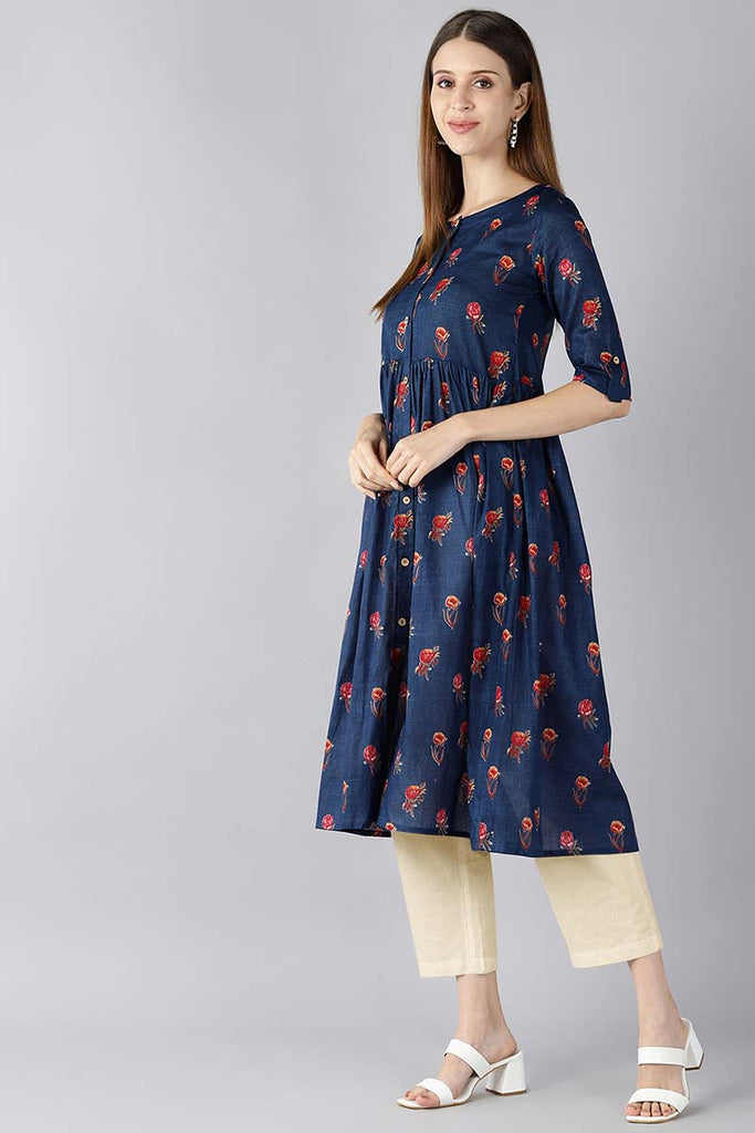   Cotton Blue Floral Printed A Line Kurti 