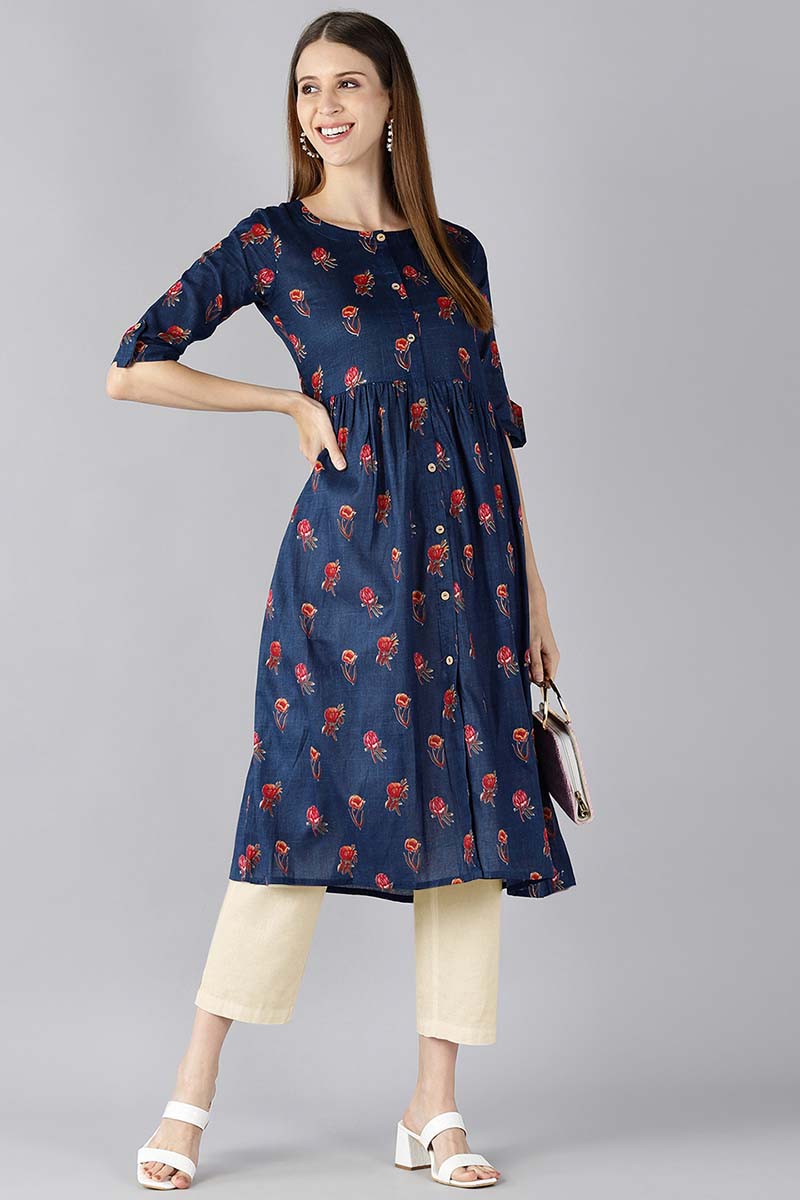   Cotton Blue Floral Printed A Line Kurti 