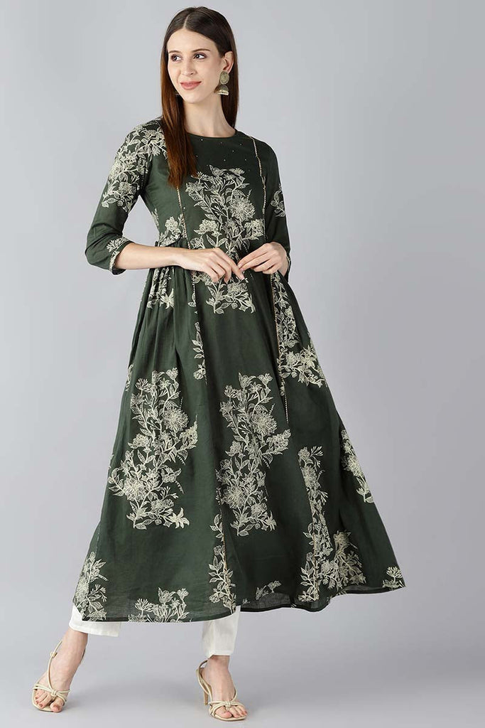   Cotton Green Ethnic Motifs Printed Anarkali Kurti 