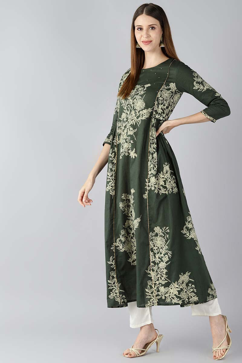   Cotton Green Ethnic Motifs Printed Anarkali Kurti 