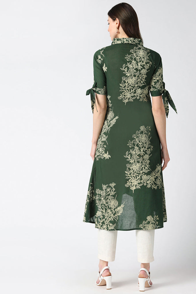   Cotton Green Floral Printed A Line Kurti 