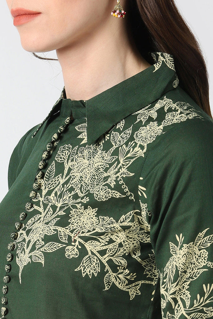   Cotton Green Floral Printed A Line Kurti 