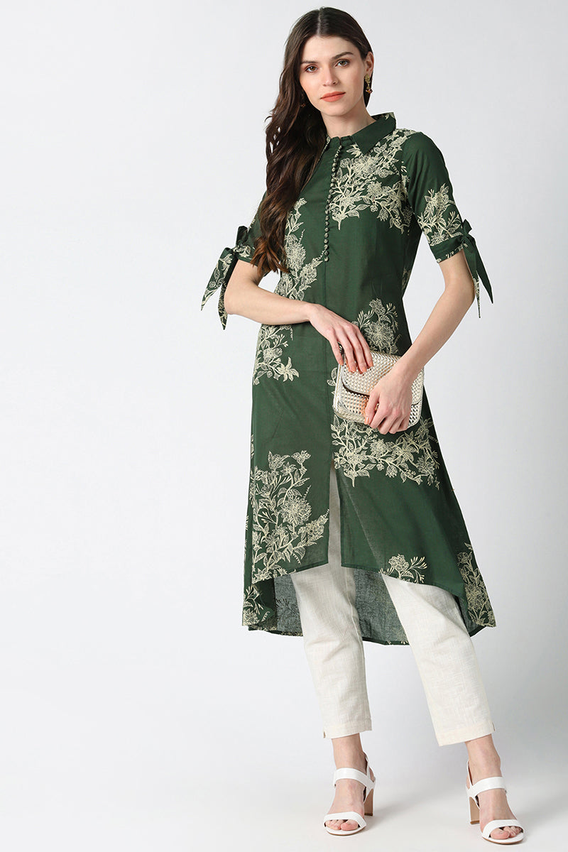   Cotton Green Floral Printed A Line Kurti 