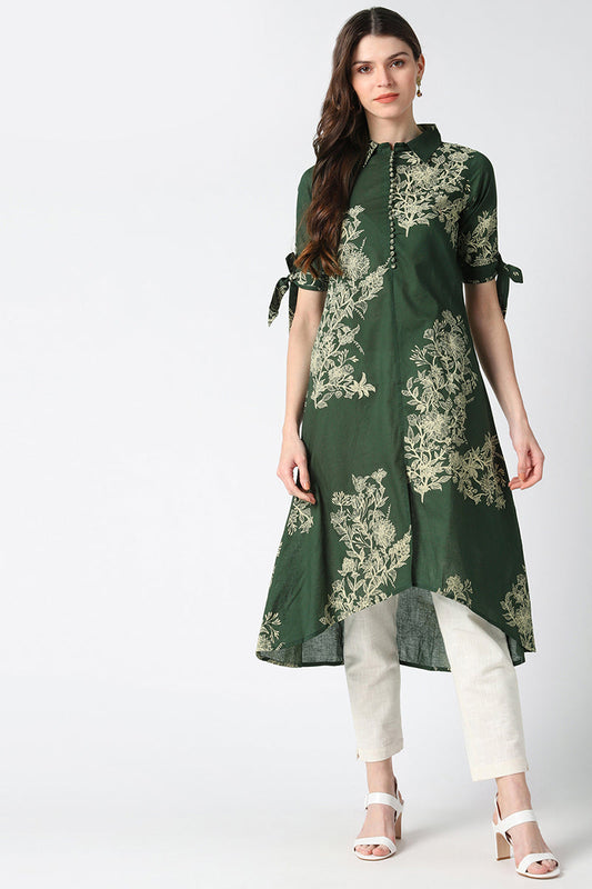   Cotton Green Floral Printed A Line Kurti 