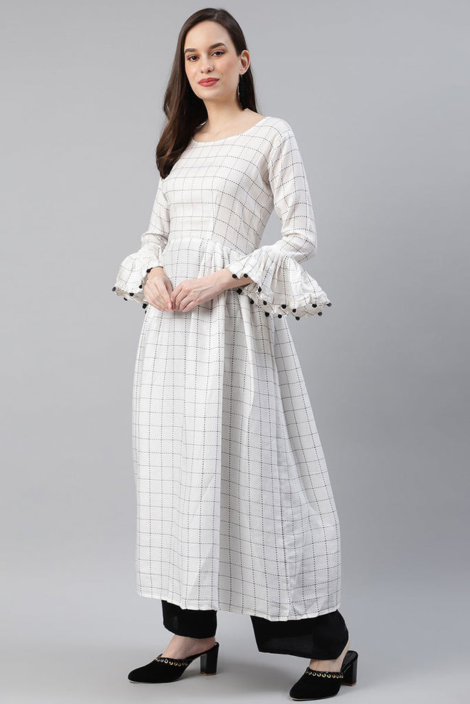   Cotton White Checked Printed A Line Kurti 