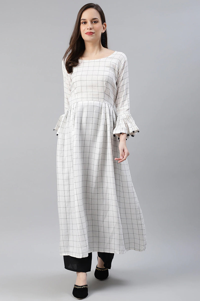   Cotton White Checked Printed A Line Kurti 