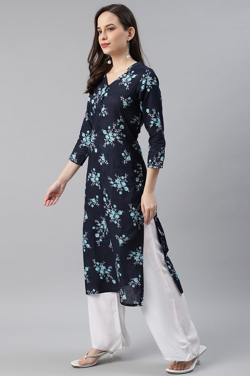   Cotton Navy Blue Floral Printed Straight Kurti 