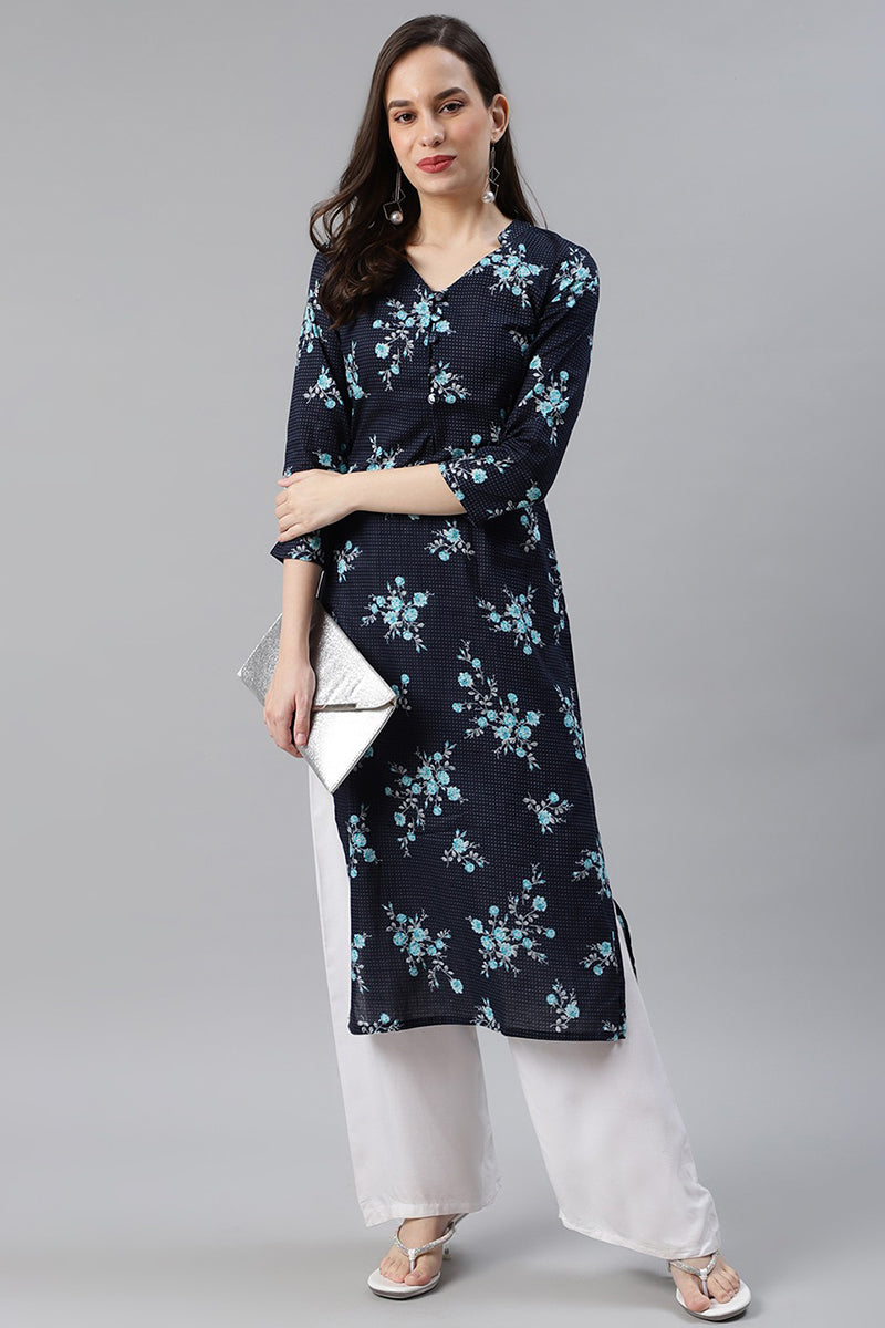   Cotton Navy Blue Floral Printed Straight Kurti 