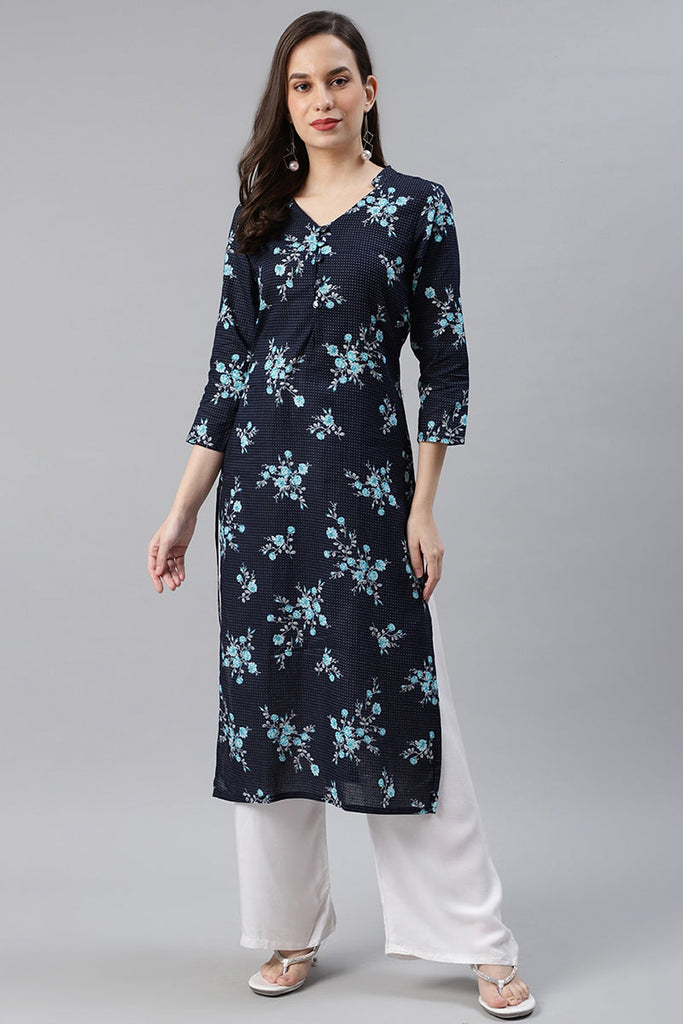   Cotton Navy Blue Floral Printed Straight Kurti 