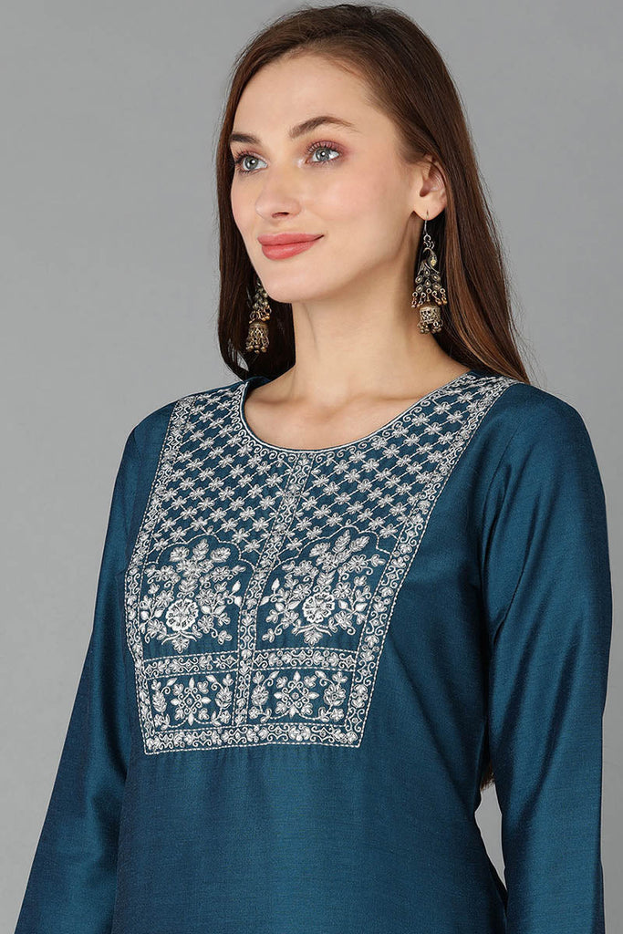 Teal Silk Blend Straight Kurta 