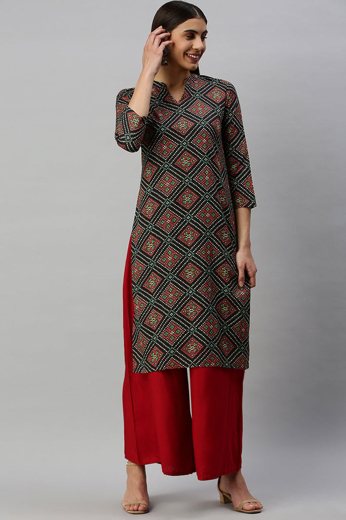   Cotton Black Checked Printed Straight Kurti 