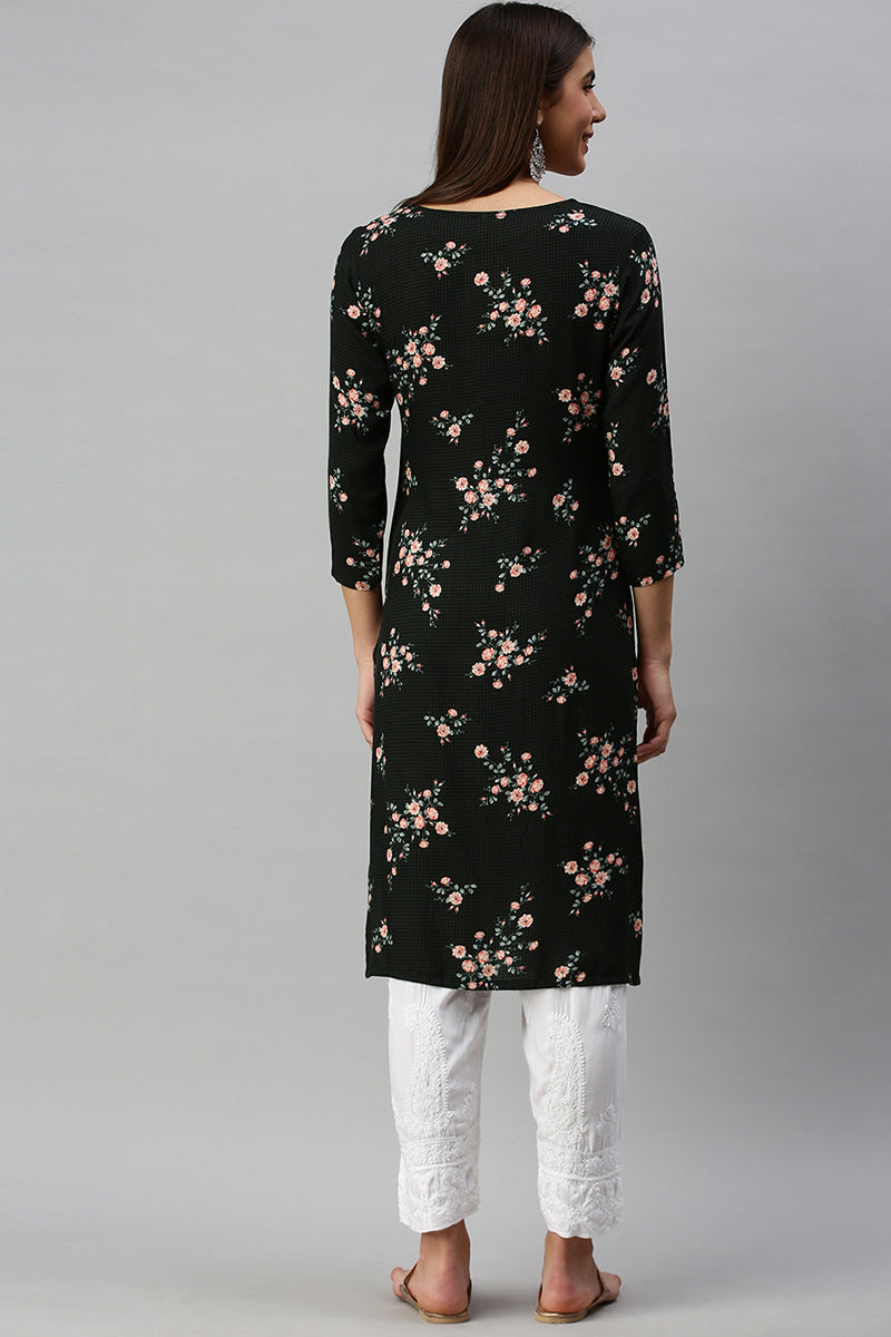   Cotton Black Floral Printed Straight Kurti 