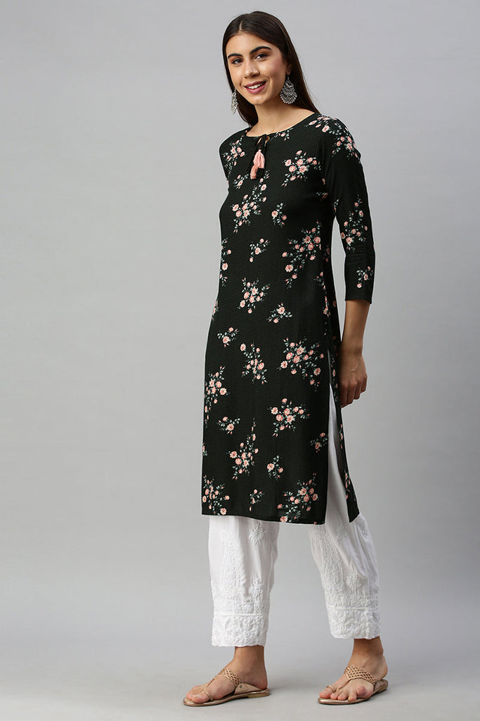   Cotton Black Floral Printed Straight Kurti 