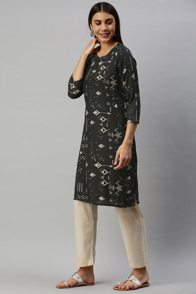   Cotton Black Geometric Printed Straight Kurti 