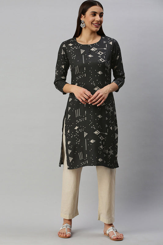   Cotton Black Geometric Printed Straight Kurti 