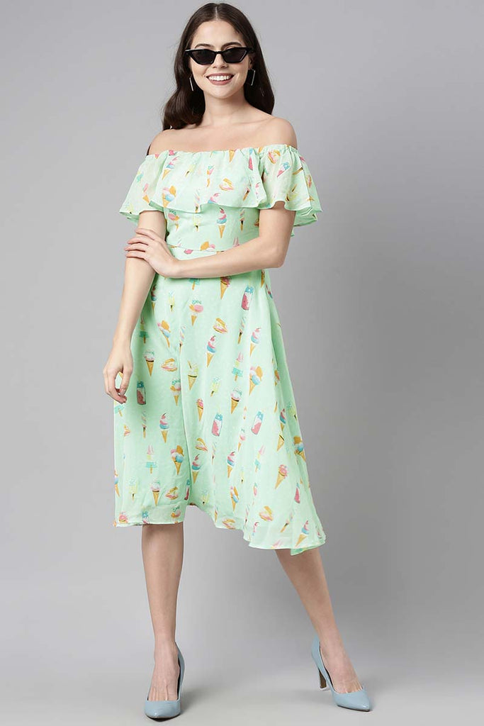  Women Polygeorgette Green Off-Shoulder Georgette A-Line Dress