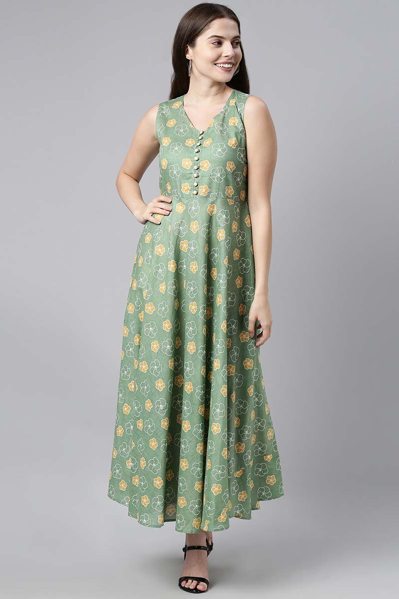  Women Green & Yellow Floral Print Maxi Dress