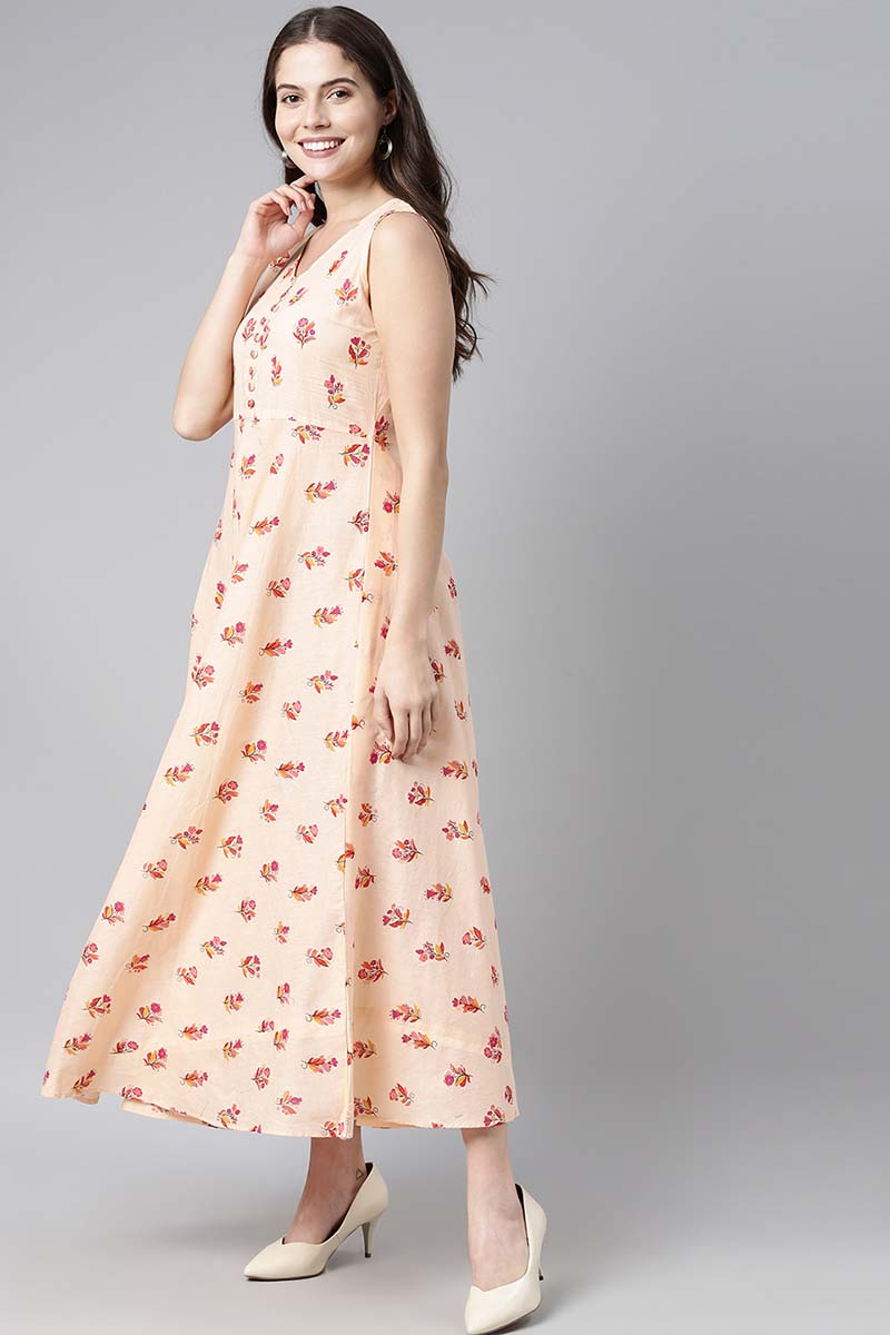  Women Pure Cotton Peach Floral Printed Maxi Dress