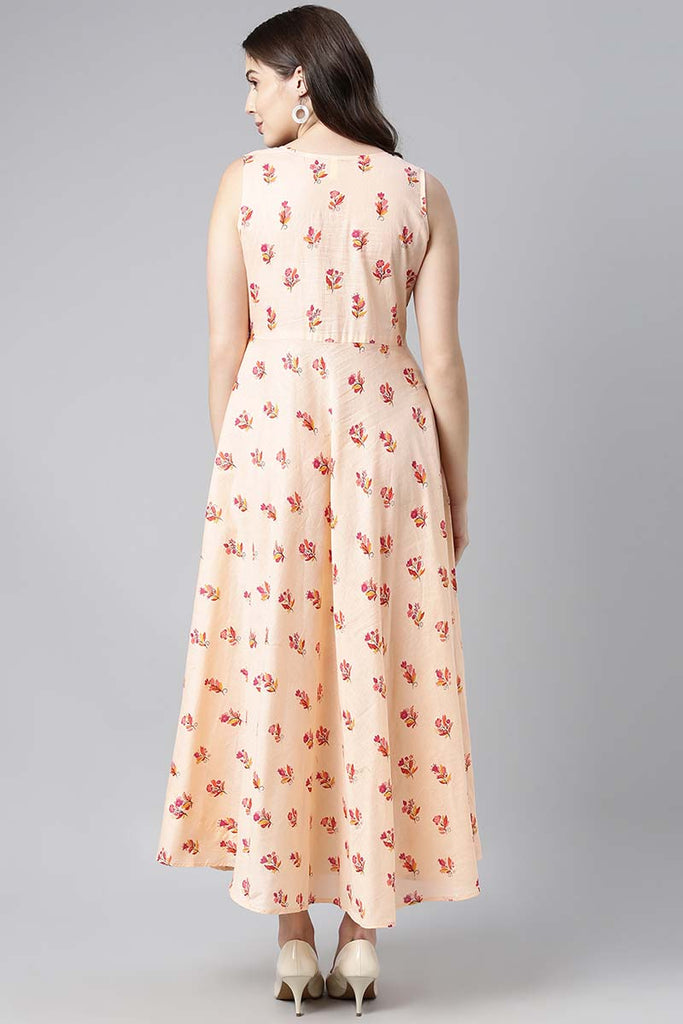  Women Pure Cotton Peach Floral Printed Maxi Dress