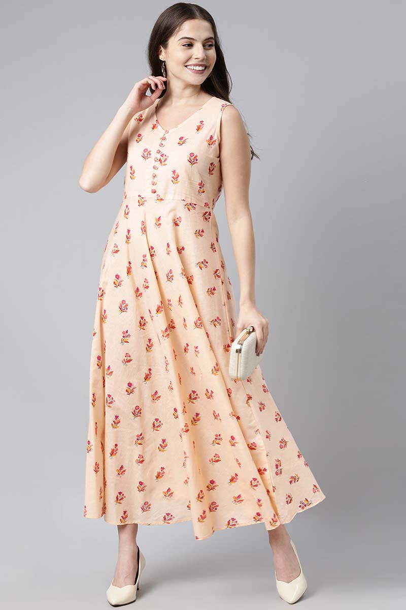  Women Pure Cotton Peach Floral Printed Maxi Dress