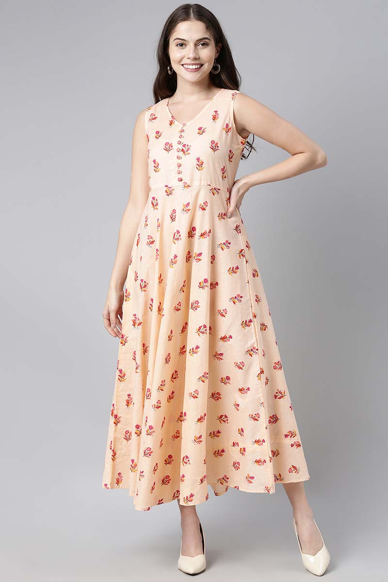  Women Pure Cotton Peach Floral Printed Maxi Dress