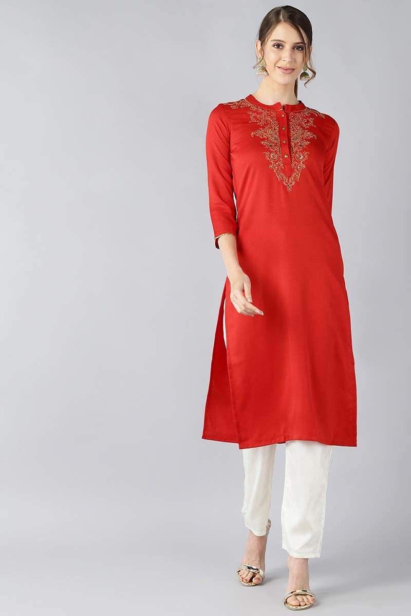   Red Solid Straight Kurta with Embroidered Detail 