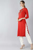   Red Solid Straight Kurta with Embroidered Detail 