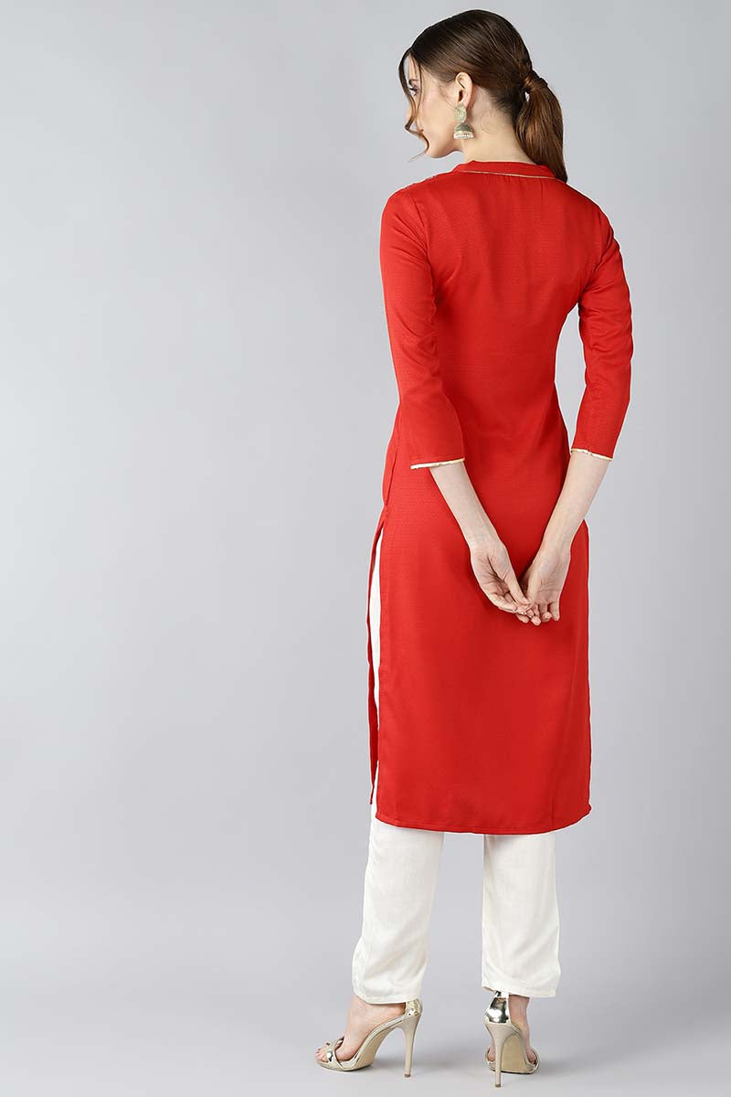   Red Solid Straight Kurta with Embroidered Detail 