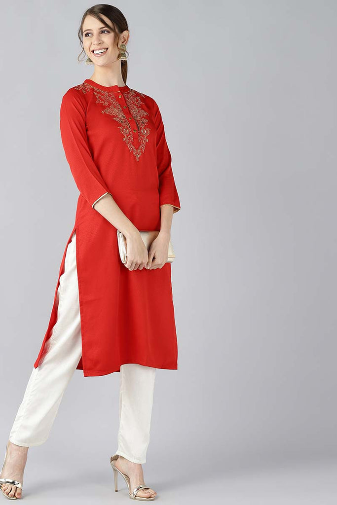   Red Solid Straight Kurta with Embroidered Detail 