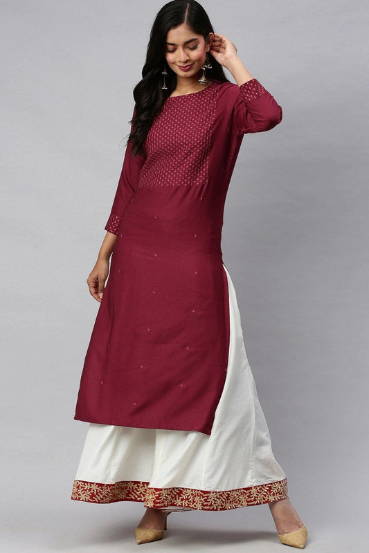   Maroon Yoke Design Embroidered Straight Kurta 