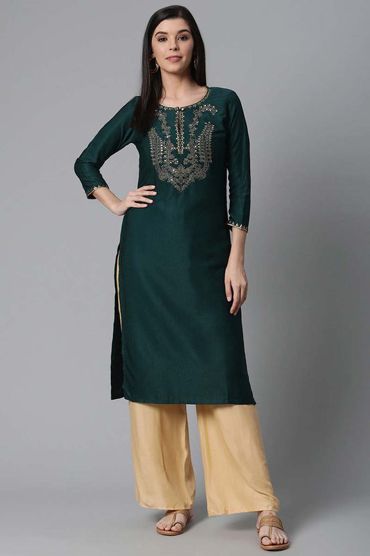   Teal Green Foil Printed Straight Kurta With Sequins Work 