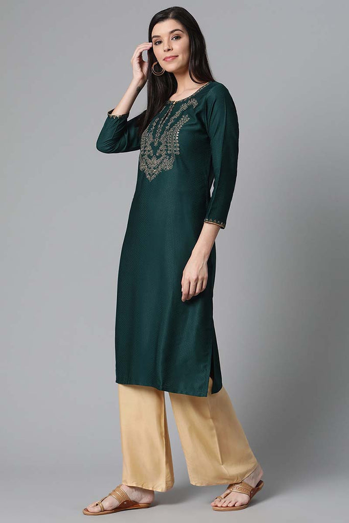   Teal Green Foil Printed Straight Kurta With Sequins Work 