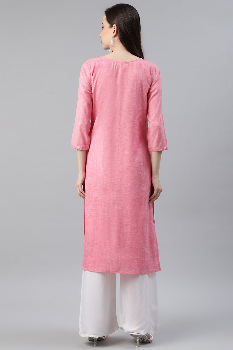   Cotton Pink Embroidered Work Straight Kurti 