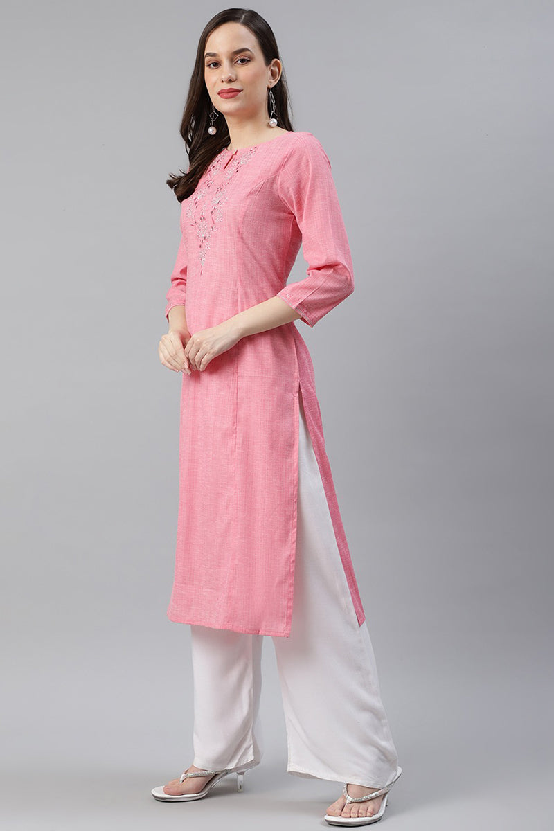   Cotton Pink Embroidered Work Straight Kurti 