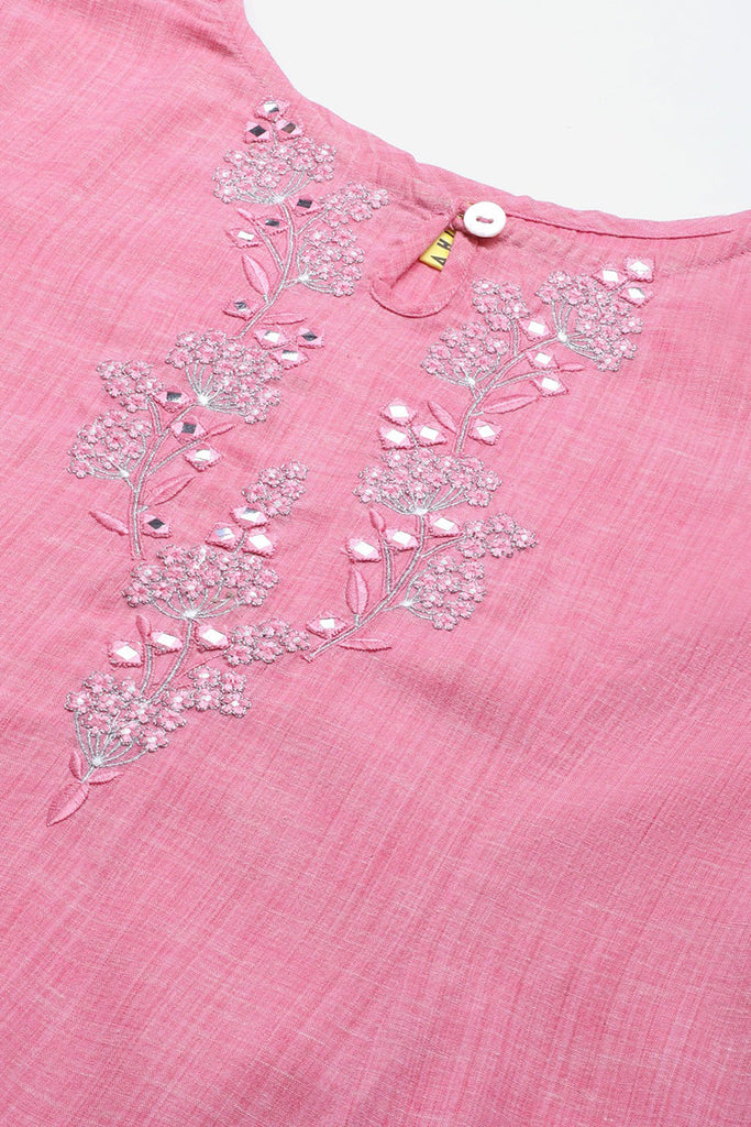   Cotton Pink Embroidered Work Straight Kurti 