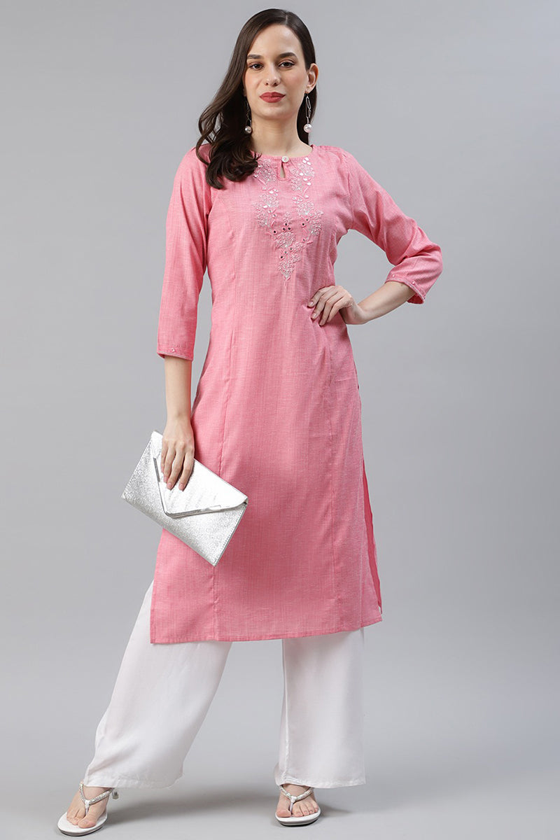   Cotton Pink Embroidered Work Straight Kurti 