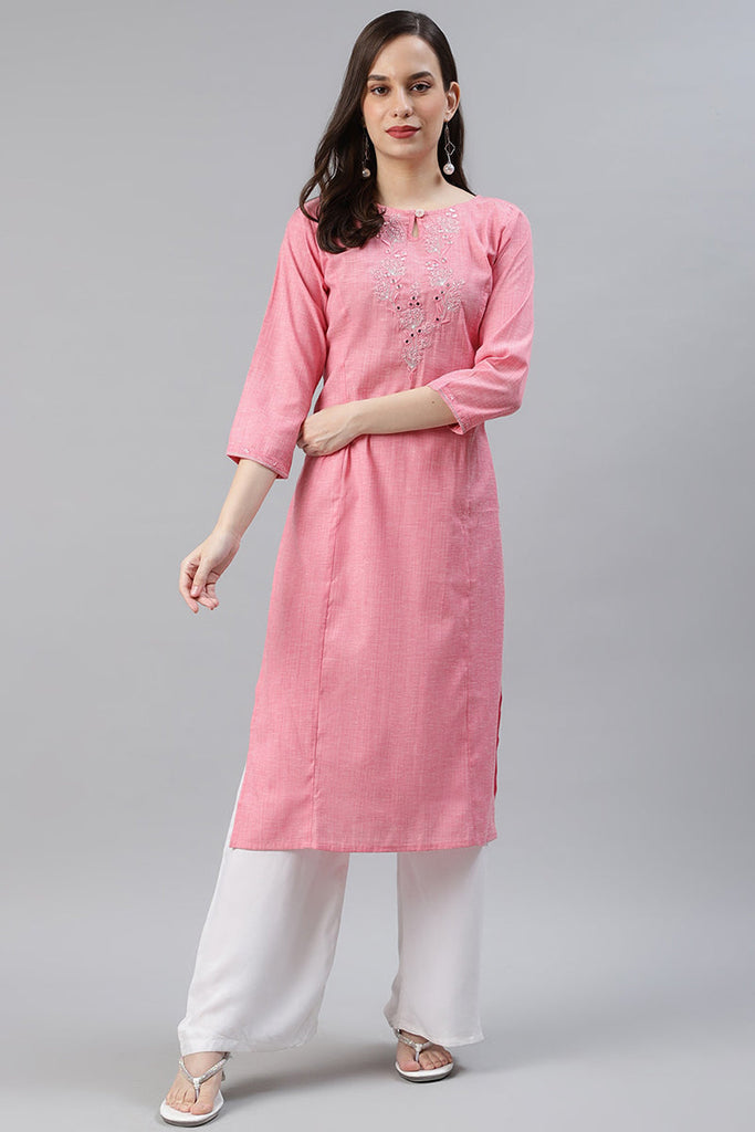   Cotton Pink Embroidered Work Straight Kurti 