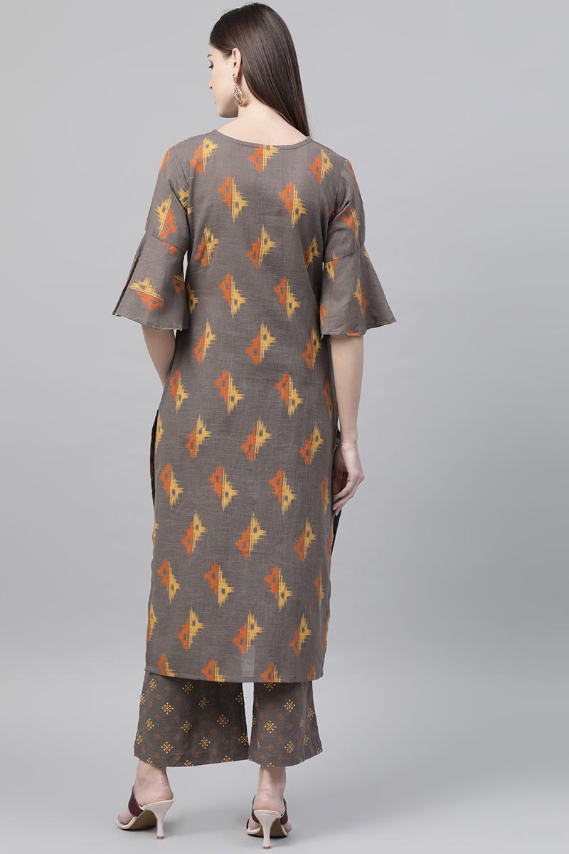   Regular Wear Cotton Fabric Printed Dark Brown Color Simple Kurta And Palazzo Set VKSET1003 