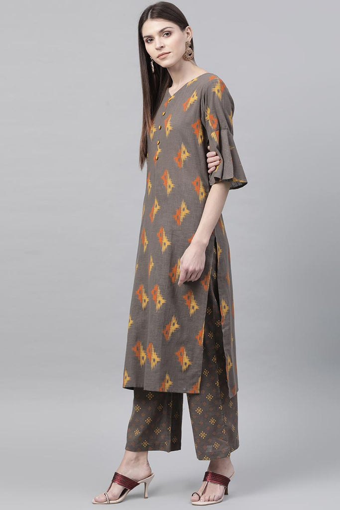   Regular Wear Cotton Fabric Printed Dark Brown Color Simple Kurta And Palazzo Set VKSET1003 