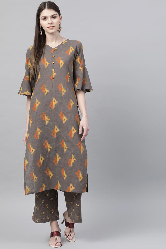   Regular Wear Cotton Fabric Printed Dark Brown Color Simple Kurta And Palazzo Set VKSET1003 