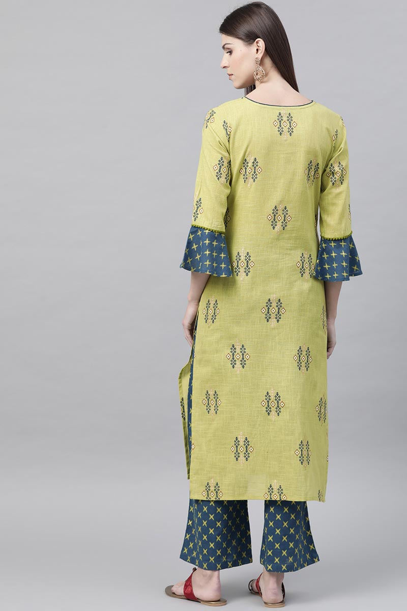   Festive Wear Cotton Fabric Lime Green & Blue Printed Kurta with Palazzos Set 