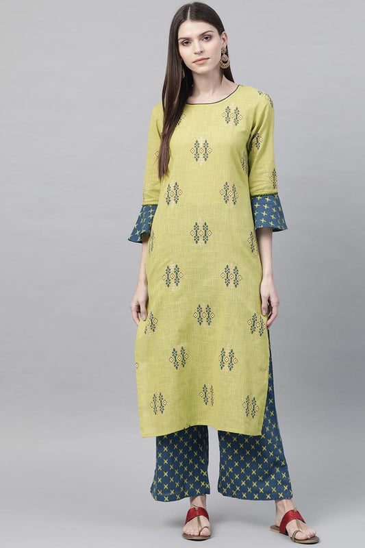   Festive Wear Cotton Fabric Lime Green & Blue Printed Kurta with Palazzos Set 