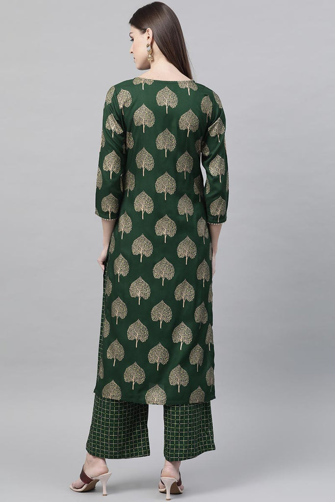   Casual Wear Cotton Fabric Dark Green Color Printed Trendy Kurta And Palazzo Set 