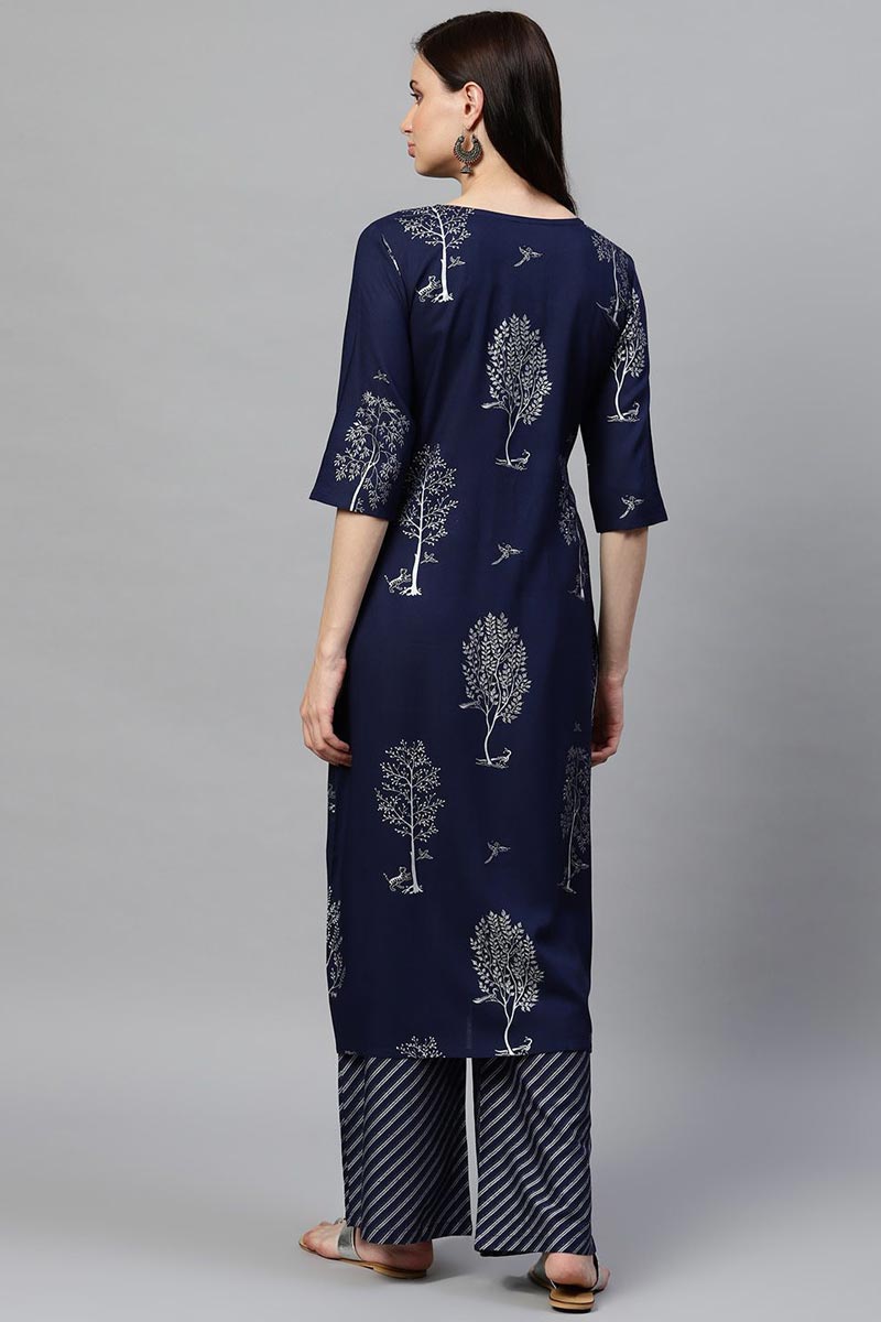   Occasion Wear Cotton Fabric Printed Navy Blue Color Kurta And Palazzo Set 