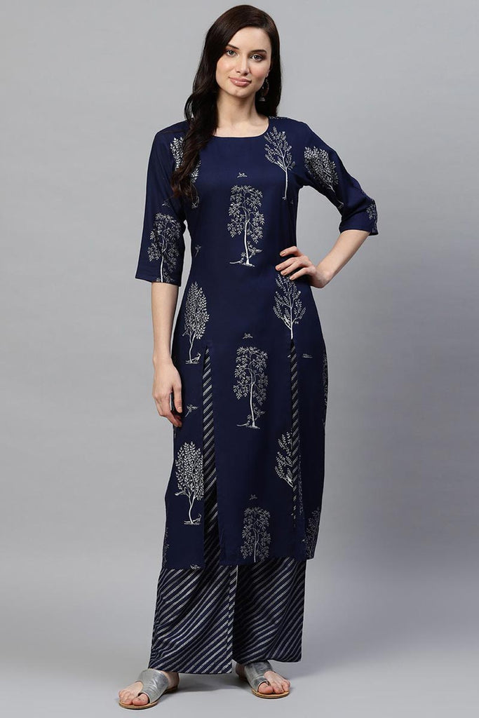   Occasion Wear Cotton Fabric Printed Navy Blue Color Kurta And Palazzo Set 