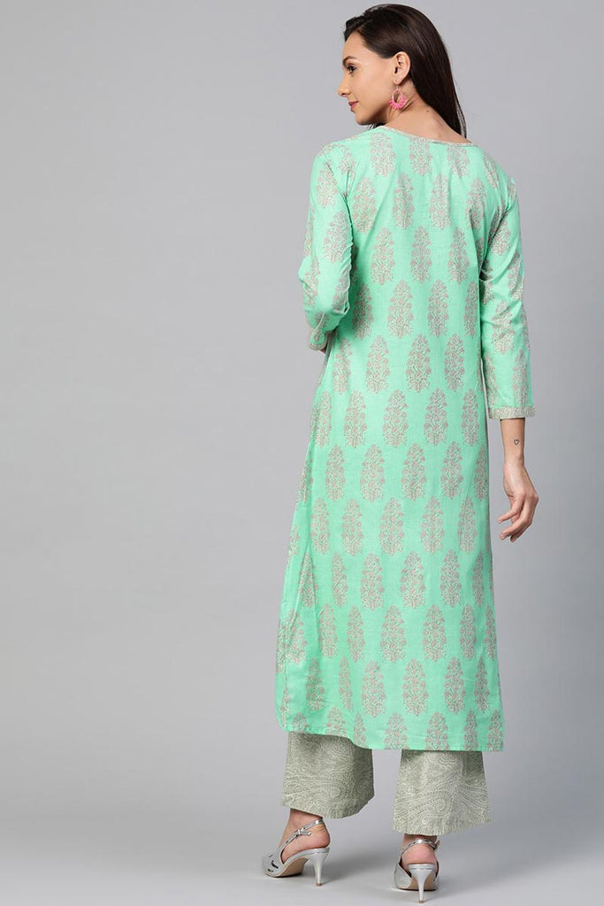   Occasion Wear Cotton Fabric Printed Stylish Sea Green Color Kurta And Palazzo Set 