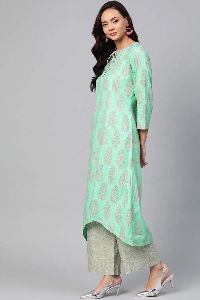   Occasion Wear Cotton Fabric Printed Stylish Sea Green Color Kurta And Palazzo Set 